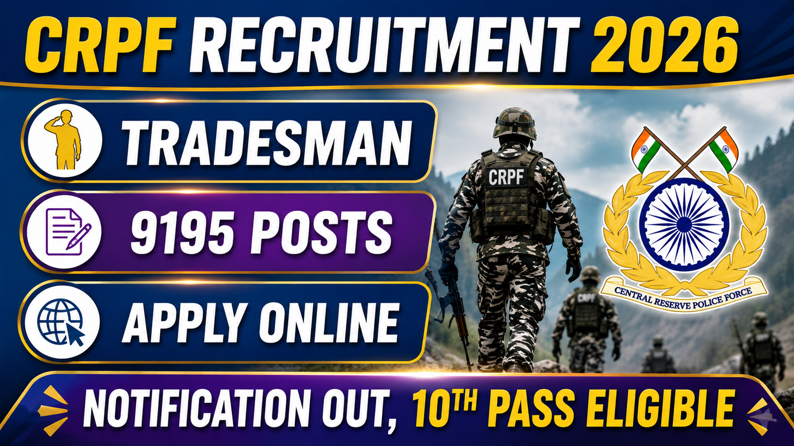 CRPF Constable Tradesman Recruitment 2026: 9195 पदों पर बंपर भर्ती, 10वीं पास के लिए सुनहरा मौका | योग्यता, आयु सीमा, सैलरी और आवेदन प्रक्रिया