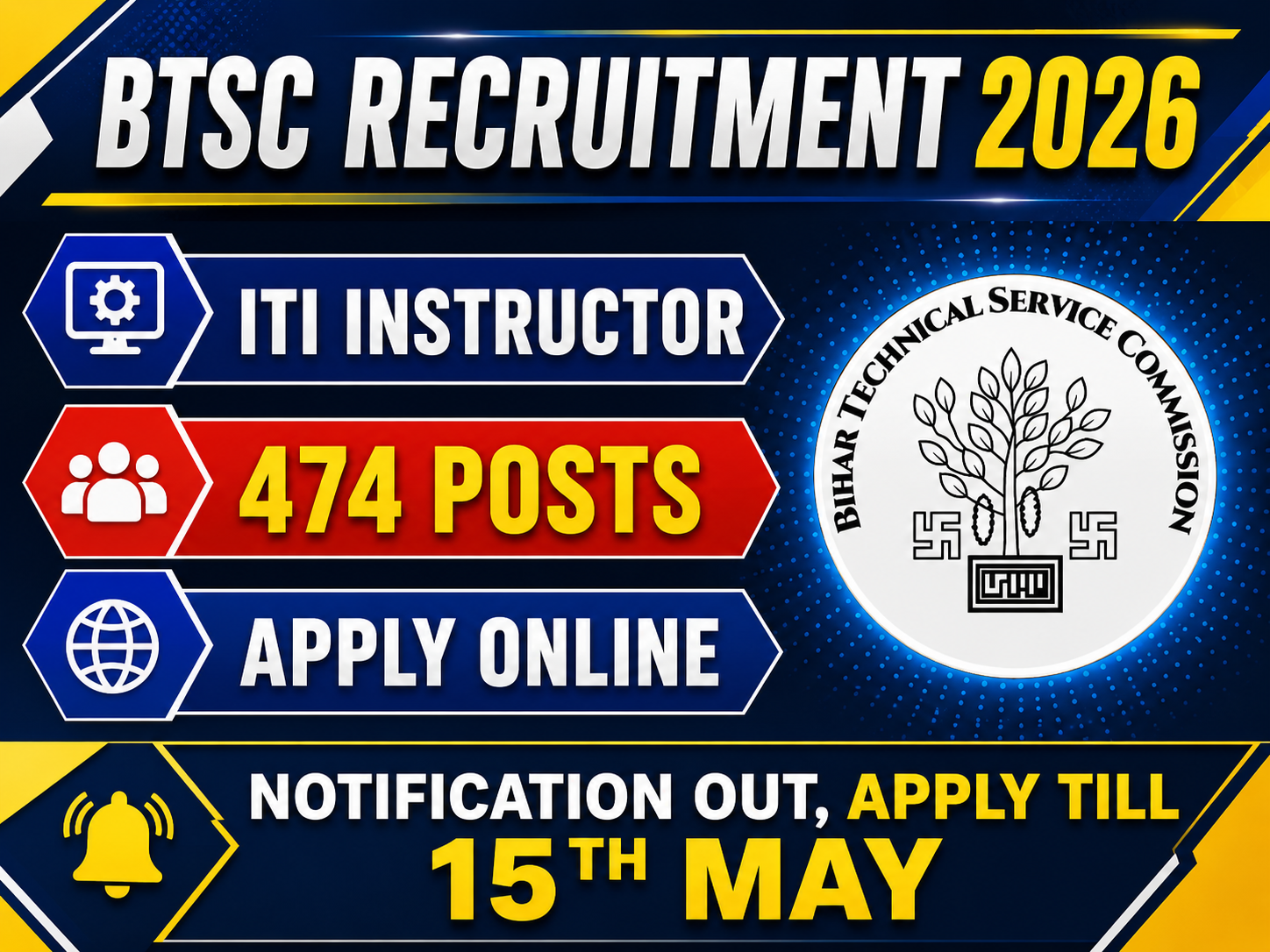 BTSC ITI Instructor Recruitment 2026: 474 पदों पर भर्ती, जानें पात्रता, आयु सीमा, सैलरी और ऑनलाइन आवेदन प्रक्रिया