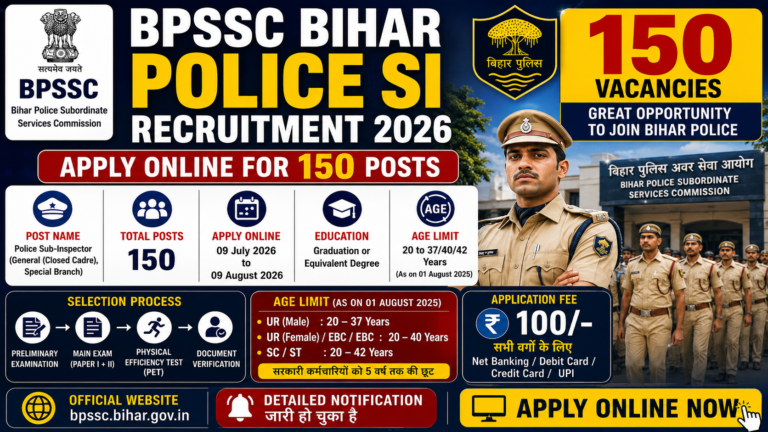 BPSSC Bihar Police SI Recruitment 2026: 150 Sub Inspector पदों पर भर्ती, जानें योग्यता, आयु सीमा, सैलरी और आवेदन प्रक्रिया