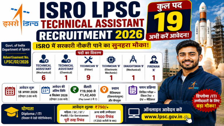 ISRO LPSC Technical Assistant Recruitment 2026: 19 पदों के लिए ऑनलाइन आवेदन शुरू, जानें Eligibility, Salary और Selection Process