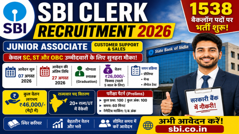 SBI Clerk Recruitment 2026: 1538 Backlog पदों के लिए ऑनलाइन आवेदन शुरू, जानें Eligibility, Salary और Apply Process